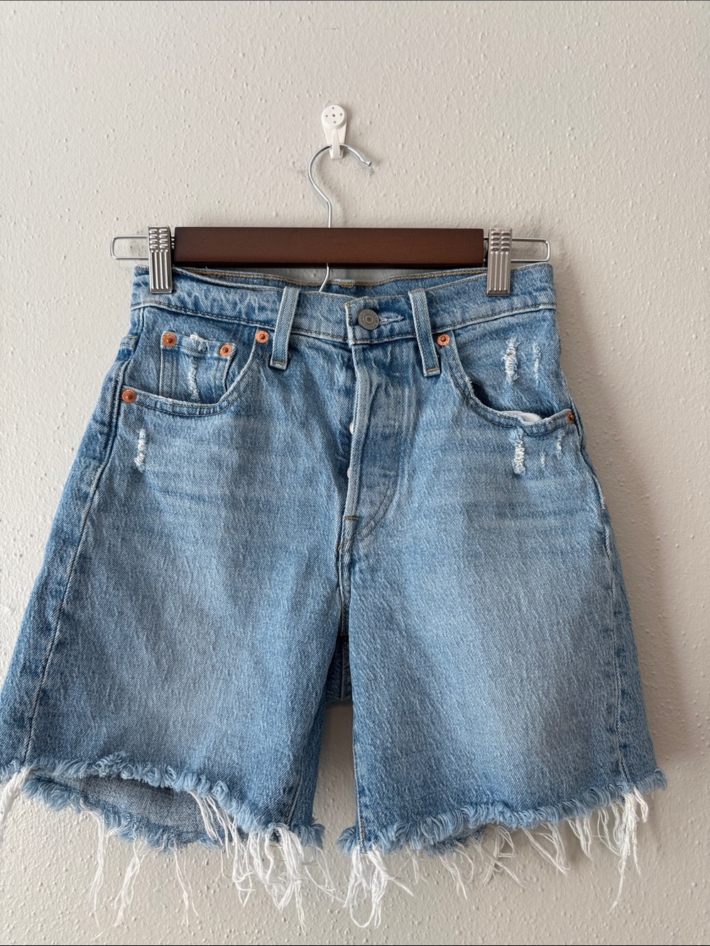 Levi's 501 Light Blue Frayed Hem Denim Shorts